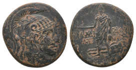 PONTOS, Amisos. Time of Mithradates VI Eupator. (85-65 BC). AE Bronze
Obv: Helmeted head of Athena right
Rev: Perseus standing facing, holding harpa...
