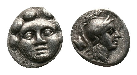 PISIDIA. Selge. Obol (350-300 BC). AR Silver
Obv: Facing gorgoneion.
Rev: Helm...