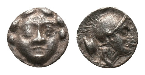 PISIDIA. Selge. Obol (350-300 BC). AR Silver
Obv: Facing gorgoneion.
Rev: Helm...