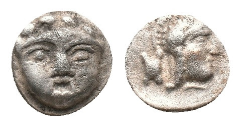 PISIDIA. Selge. Obol (350-300 BC). AR Silver
Obv: Facing gorgoneion.
Rev: Helm...
