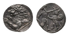 CILICIA. Uncertain mint. Time of Artaxerxes III, Obol (340 BC). AR. Silver Obv: Forepart of lion to left, its head turned to face the viewer. Rev.Pers...