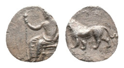 CILICIA. Tarsos. Mazaios, satrap of Cilicia, Obol (361/0-334 BC). AR. Silver Obv: Baaltaars seated to left, holding scepter in right hand. Rev. Lion w...