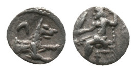LYCAONIA, Laranda. Obol (324/3 BC). AR. Silver Obv: Forepart of wolf right; inverted crescent above; all within dotted square border Rev: Baal seated ...
