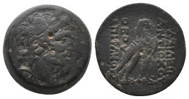 SELEUKID KINGDOM. Antiochos IV Epiphanes Obol (169-168 BC). AE. Bronze, "Egyptianizing" series, Antioch on the Orontes,
Obv: Laureate head of Zeus-Se...
