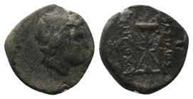 SELEUKID KINGDOM. Antiochos II Theos (261-246 BC). Sardes
AE Bronze (16.4mm 4.89g)
Obv: Laureate head of Apollo right.
Rev: BAΣΙΛΕΩΣ / ANTIOXOY. Tr...