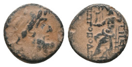 (Repatinated) SELEUCIS & PIERIA. Antioch. Ae Tetrachalkon (63-28 BC). AE Bronze Obv: Laureate head of Zeus on the right. Rev: Zeus sitting on the left...