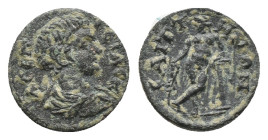 LYDIA. Saitta. Geta, Caesar (198-209 AD). AE Bronze Obv: Λ CEΠ ΓETAC K. Bareheaded and draped bust right. Rev: CAITTHNΩN Apollo standing left, leaning...