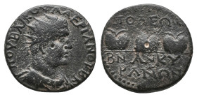 GALATIA. Ankyra. Valerian I (253-260 AD) AE Bronze Obv: ΠΟΥΒ ΛΙΚ ΟΥΑΛΕΡΙΑΝΟϹ ϹΕΒ. Radiate, draped and cuirassed bust of Valerian, right, seen from fro...