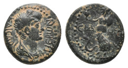 PAMPHYLIA, Side. Nero (54-68 AD) AE. Bronze, Issue: First group: youthful draped portrait (c. 55)
Obv: ΝΕΡΩΝ ΚΑΙϹΑΡ; bare draped bust of Nero, right...
