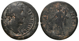 PHRYGIA. Apamea. Antoninus Pius, (138-161 AD). AE. Bronze. Obv: Laureate head r. R Rev: Tyche standing l., wearing kalathos, holding rudder and cornuc...