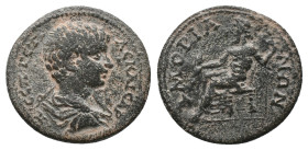 PHRYGIA. Amorium. Geta (Caesar, 198-209). AE. Bronze Obv: Π CЄΠ ΓЄTAC KAICAP. Bareheaded, draped and cuirassed bust right.
Rev: AMOPIANΩN. Zeus seate...