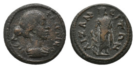 PHRYGIA. Aezanis. Faustina II, Augusta, ( 147-175 AD). AE.
Obv: ΦΑVСΤΙИΑ ΝЄΑ. Draped bust right.
Rev: ΑΙΖΑΝЄΙΤΩΝ. Asklepios standing facing, head le...
