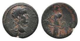 PAMPHYLIA. Side. Tiberius (14-37 AD). AE Bronze Obv: Laureate head right Rev: Athena advancing left holding pomegranate and shield. Serpent Condition ...