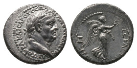 CAPPADOCIA. Caesarea. Titus as Caesar. Drachm. (69-79 AD). AR Silver Obv: AYTO KAI OYECÎ ACIANOC CEBACTOY YOC, laureate head of Titus right Rev: NIKH ...