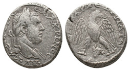 SYRIA. Seleucis and Pieria. Laodicea ad Mare. Macrinus. Tetradrachm. (217-218 AD). Billon
Obv : AYT K M OΠ CЄ MAKPINOC CЄB Laureate head right
Rev :...