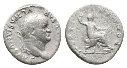 VESPASIAN. Rome. Denarius.(69-79 AD). AR
Obv : IMP CAESAR VESPASIANVS AVG. Laureate head right.
Rev : PON MAX TR P COS V. Vespasian, togate, seated ...