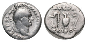 VESPASIAN. Rome, Denarius. (69-79 AD). AR
Obv: IMP CAES VES-P AVG PM COS IIII Laureate head right
Rev: AVGVR - TRIPOT, emblems of the pontificate: l...
