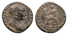 TRAJAN. Rome, Denarius, (98-117 AD). AR Obv: IMP TRAIANO AVG GER DAC PM TRP, laureate head r., Rev. COS V PP SPQR OPTIMO PRINC, Vesta seated l., holdi...