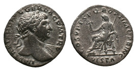 TRAJAN. Rome, Denarius, (98-117 AD). AR Obv: IMP TRAIANO AVG GER DAC PM TRP, laureate head r., Rev. COS V PP SPQR OPTIMO PRINC, Vesta seated l., holdi...