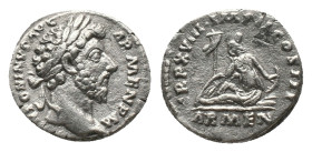 MARCUS AURELIUS. Rome. Denarius. (161-180 AD). AR Obv : ANTONINVS AVG ARMENIACVS, laureate head right Rev : P M TR P XVIII IMP II COS III, mourning Ar...