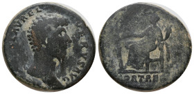 LUCIUS VERUS. Rome. Sestertius. (161-169 AD). AE. Obv: Bare head right Rev: TR POT III COS II Fortuna seated left, between SC, holding rudder and corn...