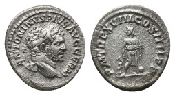 CARACALLA. Rome. Denarius. (198-217 AD) AR Obv: ANTONINVS PIVS AVG GERM, Laureate head right. Rev: P M TR P XVIII COS IIII P P, Asclepius standing fac...