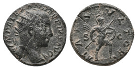 SEVERUS ALEXANDER. Rome. Dupondius. (222-235 AD). AE Obv: IMP ALEXANDER PIVS AVG. radiate bust right Rev: MARS VLTOR SC.Mars advancing right in milita...
