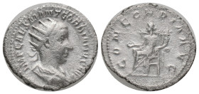 GORDIAN III. Rome. Antoninianus (238-244 AD). AR Obv: IMP CAES M ANT GORDIANVS AVG. Radiate bust right Rev: CONCORDIA AVG, Concordia seated to left, h...