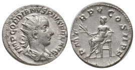 GORDIAN III. Rome. Antoninianus (238-244 AD). AR Obv: IMPCAESMANTGORDIANVSAVG - Radiate, draped and cuirassed bust right Rev: PMTRPIICOSPP - Jupiter s...