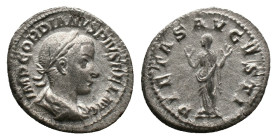 GORDIAN III. Rome. Antoninianus (238-244 AD). AR Obv: IMP GORDIANVS PIVS FEL AVG, bust to right Rev: PIETAS AVGVSTI, Pietas standing facing.
RIC 129 ...