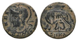 CONSTANTINE I 'THE GREAT'. Cyzicus. Follis. (307/10-337 AD). AE. Commemorative Series.
Obv : VRBS ROMA. Helmeted and mantled bust of Roma left.
Rev ...