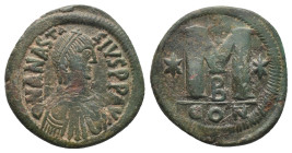 ANASTASIUS I. (491-518 AD). Constantinople. Follis.
Obv : DN ANASTASIVS PP AVG. Pearl diademed, draped, cuirassed bust to right. Rev : Large M, star ...