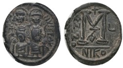 JUSTIN II with SOPHIA. (565-578 AD). AE. Follis Nicomedia Condition : Very fine. Weight : 12.10 gr
Diameter : 28.43 mm