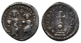 HERACLIUS with HERACLIUS CONSTANTINE., Constantinople. Hexagram. (610-641 AD). AR Silver Obv : δδ NN ҺЄRACILЧS ЄT ҺЄRA CONST. Heraclius and Heraclius ...