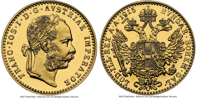 Franz Joseph I gold Restrike Ducat 1915 MS68 NGC, Vienna mint, KM2267, Fr-494. H...