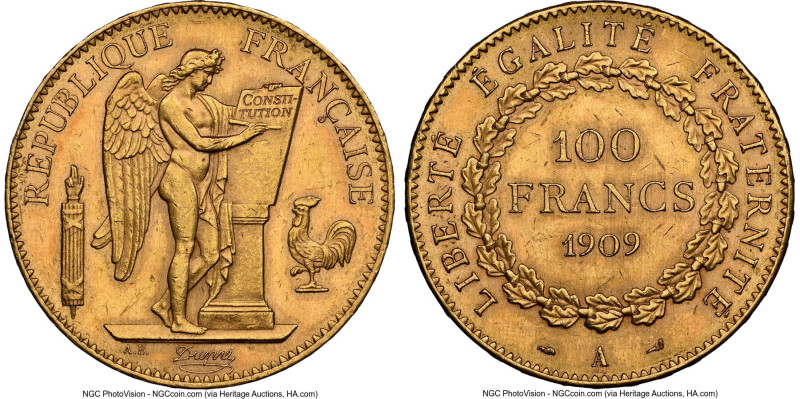 Republic gold 100 Francs 1909-A MS62 NGC, Paris mint, KM858, F-553/3. One of the...