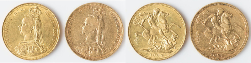 Victoria Pair of Uncertified gold Sovereigns XF, 1) Sovereign - 1887. 22.0mm. 7....