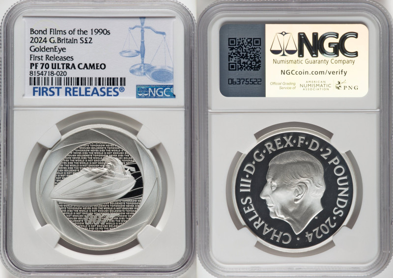 Charles III silver Proof "GoldenEye" 2 Pounds (1 oz) 2024 PR70 Ultra Cameo NGC, ...