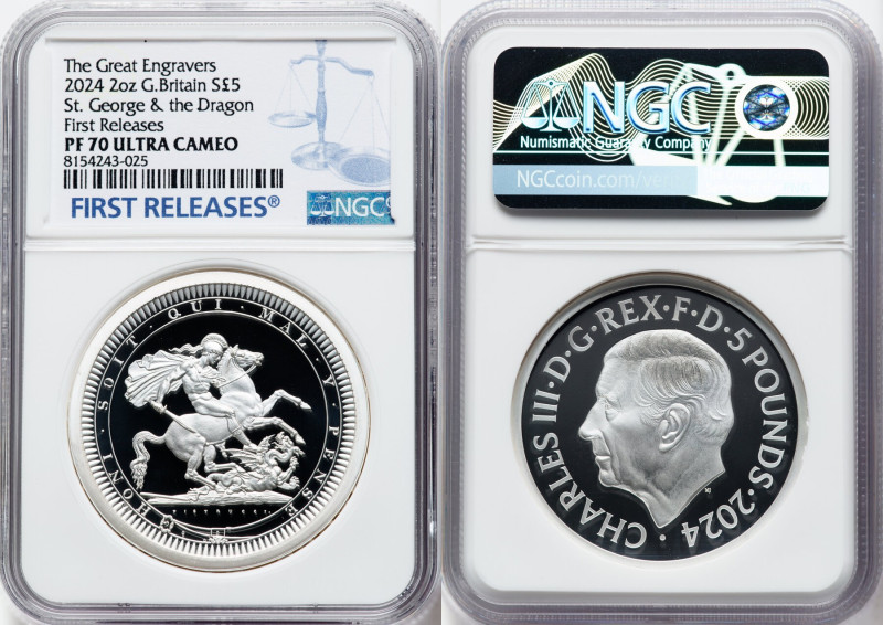 Charles III silver Proof "St. George & the Dragon" 5 Pounds (2 oz) 2024 PR70 Ult...