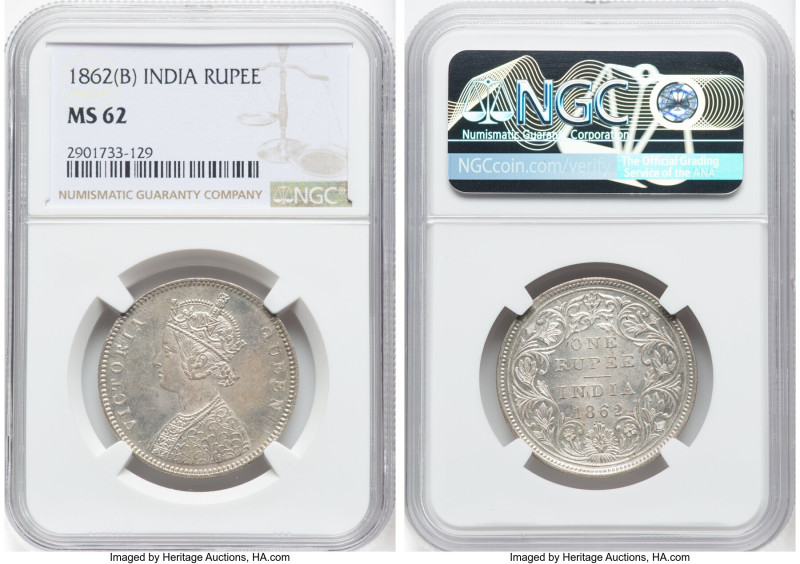 British India. Victoria Pair of Certified Rupees NGC, 1) Rupee 1862-(b) - MS62, ...