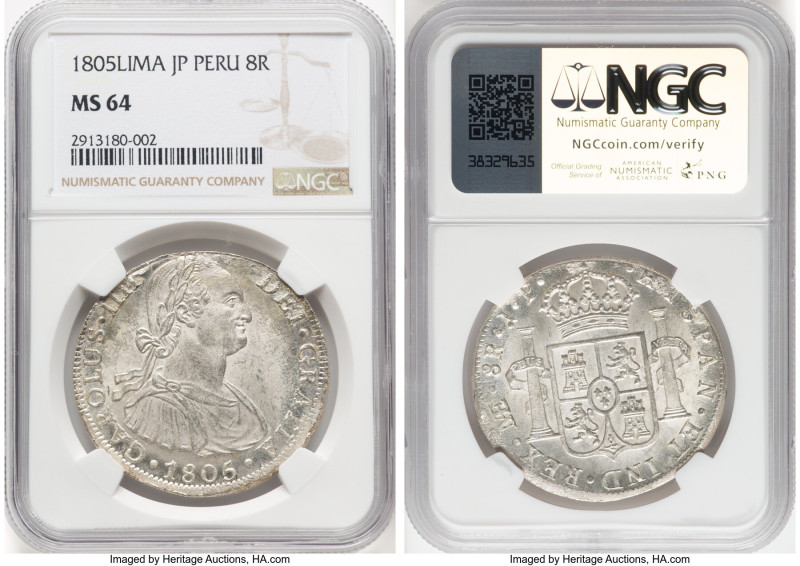 Charles IV 8 Reales 1805 LM-JP MS64 NGC, Lima mint, KM97, Cal-924. Frosted with ...