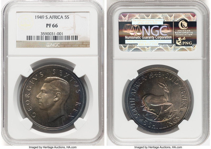 George VI Proof 5 Shillings 1949 PR66 NGC, Pretoria mint, KM40.1. Mintage: 800. ...