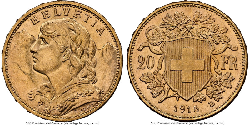 Confederation gold 20 Francs 1915-B MS65 NGC, Bern mint, KM35.1, Fr-499. HID0980...