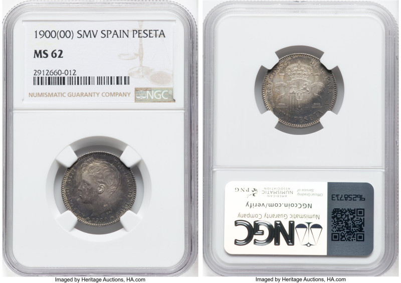 Pair of Certified Assorted Issues NGC, 1) Alfonso XIII Peseta 1900(00) SM-V - MS...