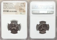 CALABRIA. Tarentum. Ca. early 3rd century BC. AR didrachm or stater (22mm, 7.91 gm, 11h). NGC Choice VF 4/5 - 5/5, overstruck. Phili- and Phi-, magist...