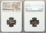CALABRIA. Tarentum. Ca. 281-240 BC. AR didrachm or stater (19mm, 6.44 gm, 11h). NGC Choice XF 4/5 - 4/5. De-, Sy- and Lykinos, magistrates. Naked ephe...
