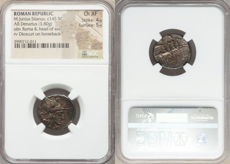 M. Junius Silanus (145 BC). AR denarius (20mm, 3.80 gm, 6h). NGC Choice XF 4/5 -...