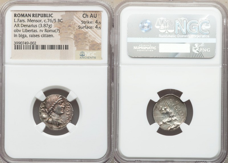 L. Farsuleius Mensor (ca. 76/5 BC). AR denarius (18mm, 3.87 gm, 8h). NGC Choice ...