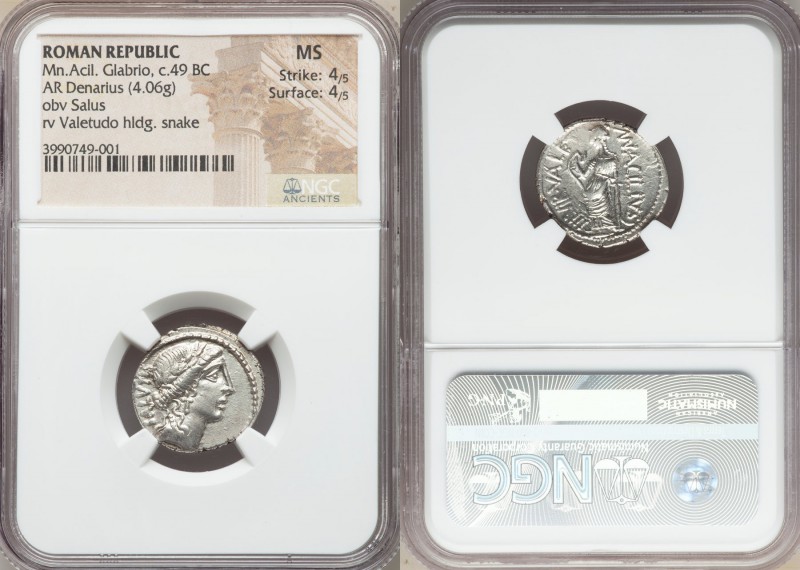 Mn. Acilius Glabrio (ca. 49 BC). AR denarius (19mm, 4.06 gm, 6h). NGC MS 4/5 - 4...