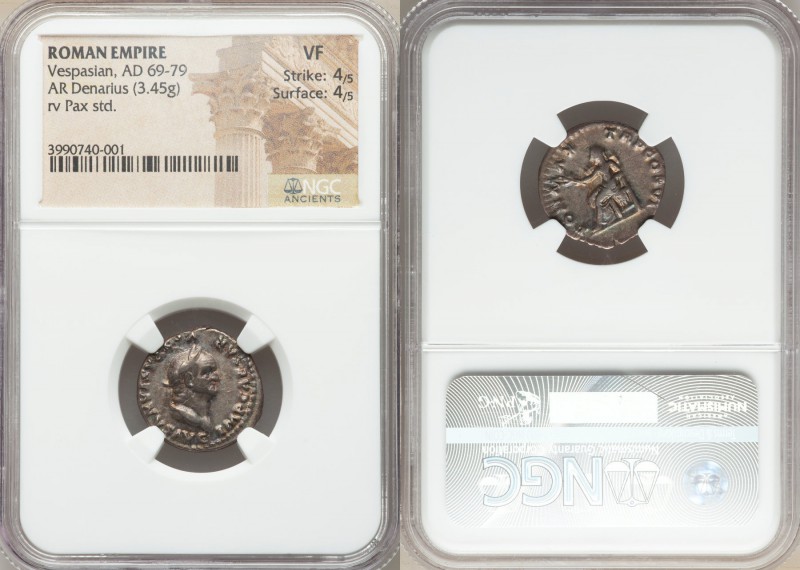 Vespasian (AD 69-79). AR denarius (18mm, 3.45 gm, 5h). NGC VF 4/5 - 4/5. Rome, A...